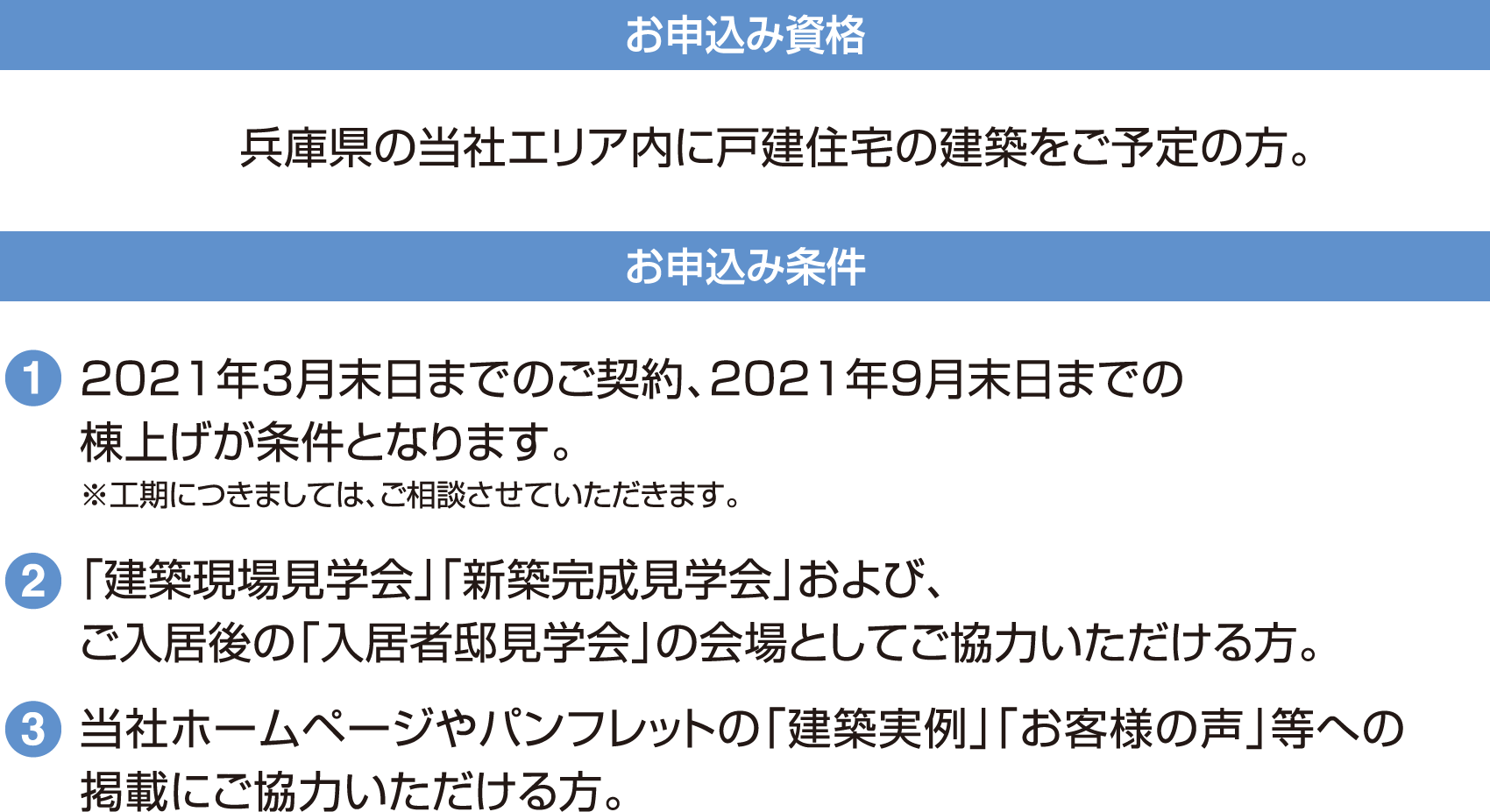 【お申込み資格】兵庫県の当社エリア内に戸建住宅の建築をご予定の方。【お申込み条件】①2021年3月末日までのご契約、2021年9月末日までの棟上げが条件となります。※工期につきましては、ご相談させていただきます。②「建築現場見学会」「新築完成見学会」および、ご入居後の「入居者邸見学会」の会場としてご協力いただける方。③当社ホームページやパンフレットの「建築実例」「お客様の声」等への掲載にご協力いただける方。