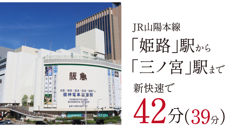 JR山陽本線 「姫路」駅から「三ノ宮」駅まで新快速で42分（39分）