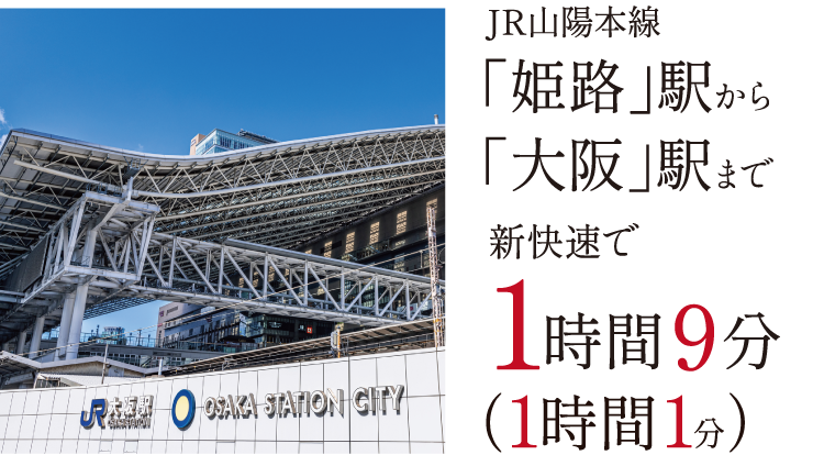 JR山陽本線「姫路」駅から「大阪」駅まで新快速で1時間9分（1時間1分）